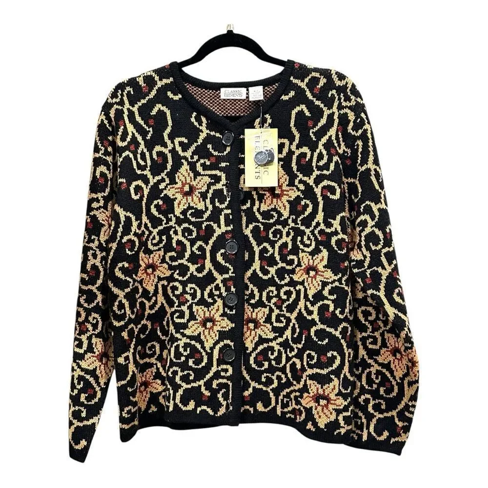 Sears Vintage Classic Elements NWT Black Floral Knit Cardigan Sweater - Picture 3 of 12